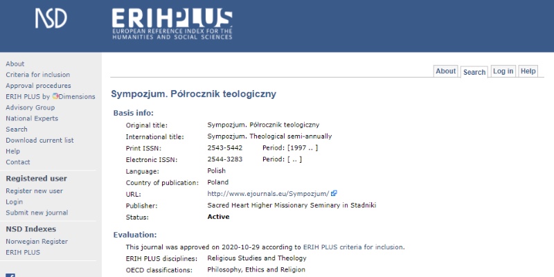 „Sympozjum” przyjęte do ERIH Plus