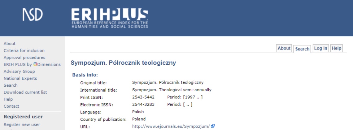 „Sympozjum” przyjęte do ERIH Plus